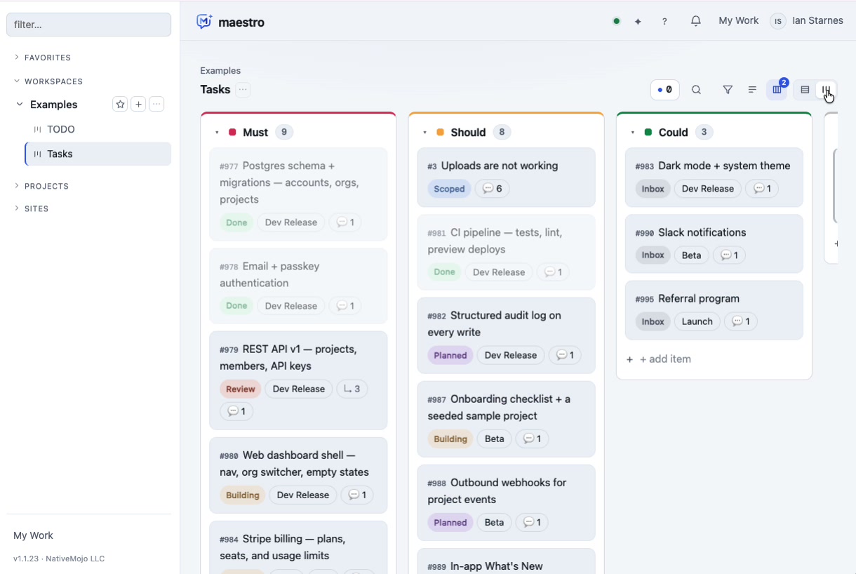 The Maestro board in kanban view, with work items grouped into Must, Should and Could columns, each card showing its stage, milestone and comment count.