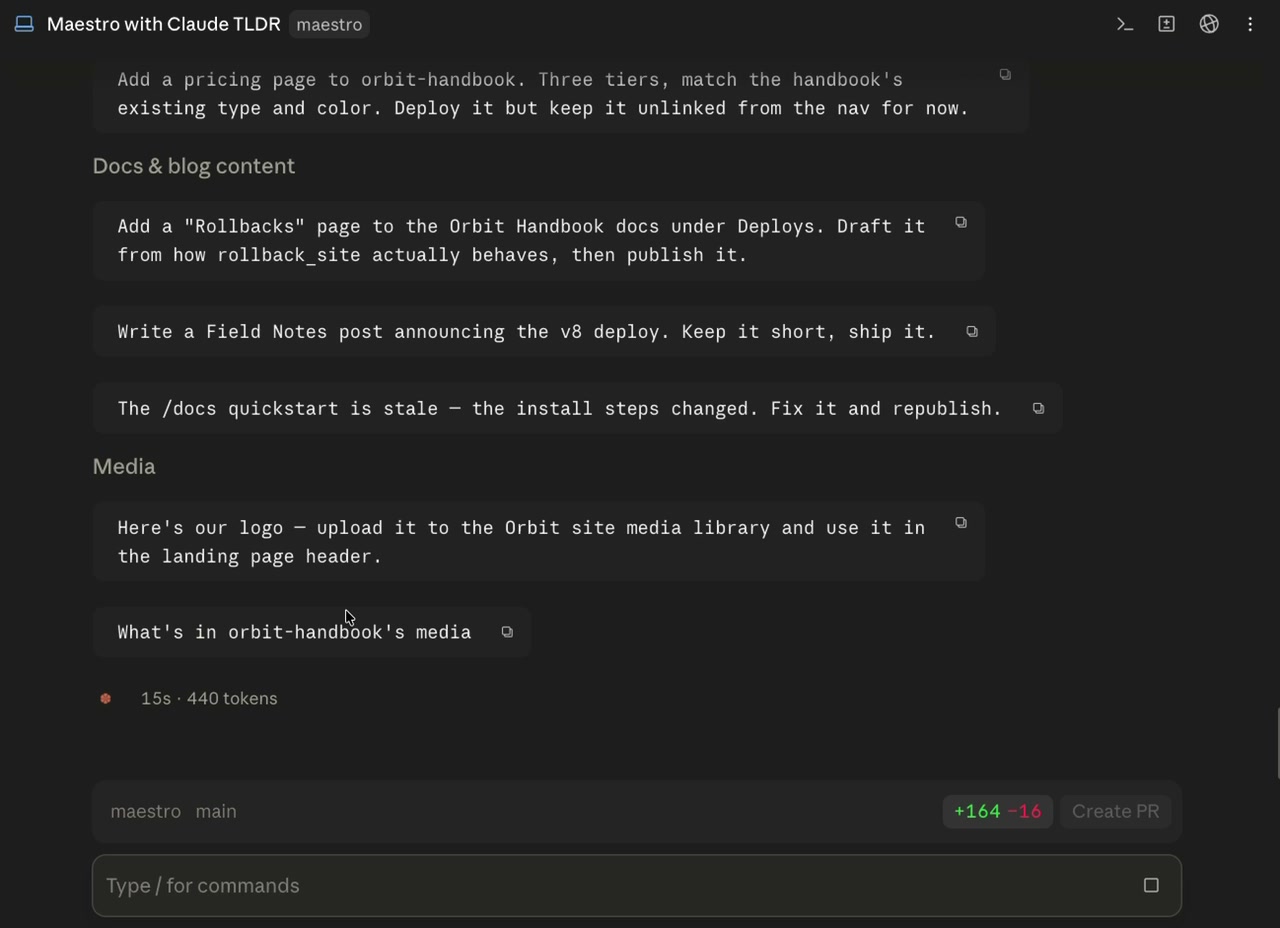 Example requests typed into an AI coding tool, grouped by category — add a documentation page and publish it, write a release post, upload a logo to a site's media library.