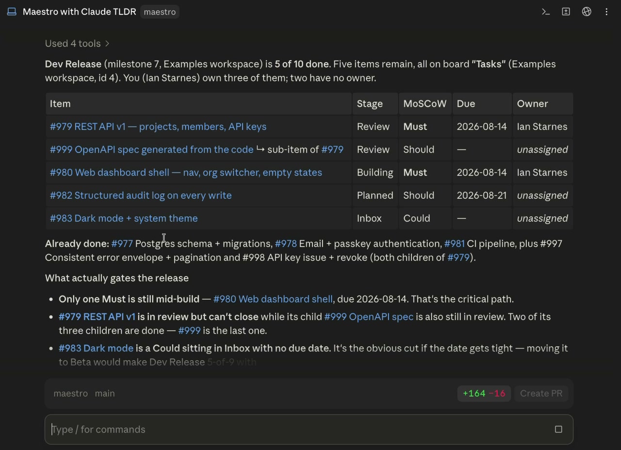 Maestro answering inside an AI coding tool: a table of open work items with stage, priority, due date and owner, followed by an analysis of what is blocking the release.