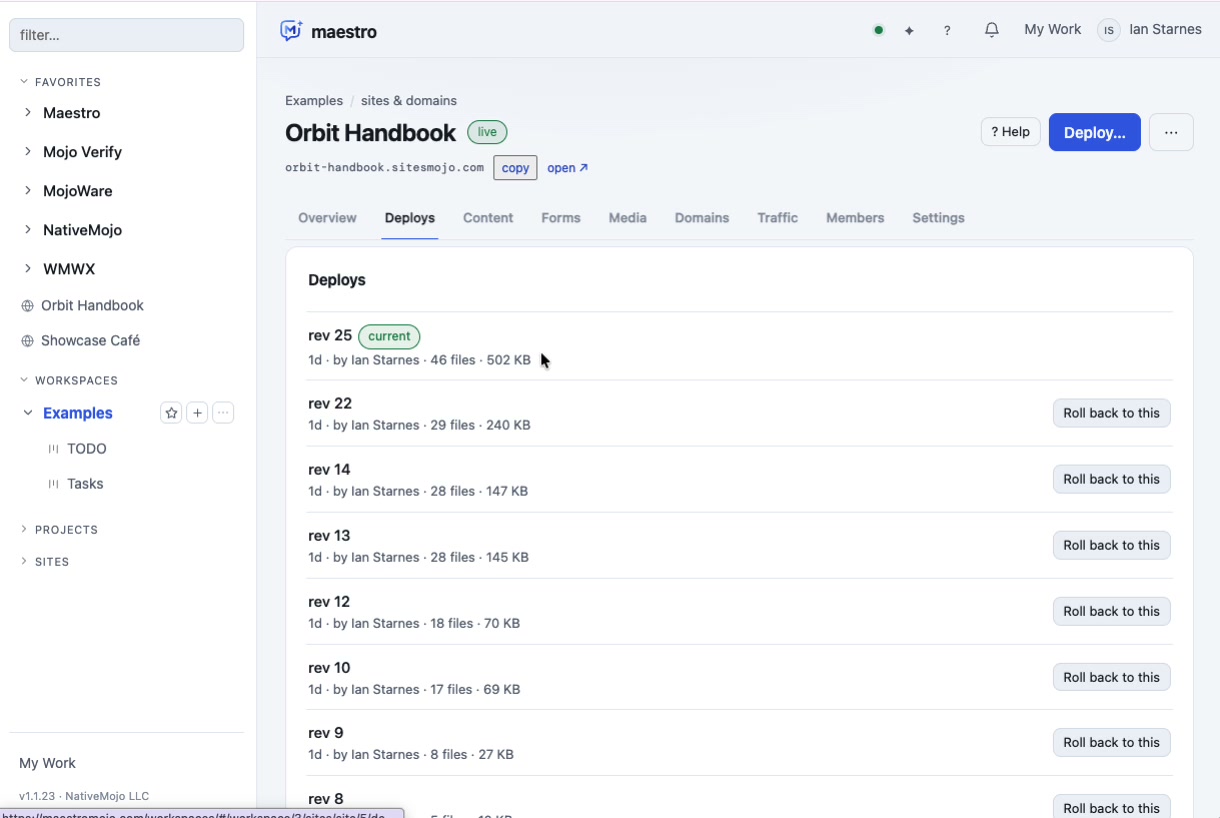The deploys panel for a live site, listing every revision with who deployed it, its file count and size, and a roll back button on each older revision.