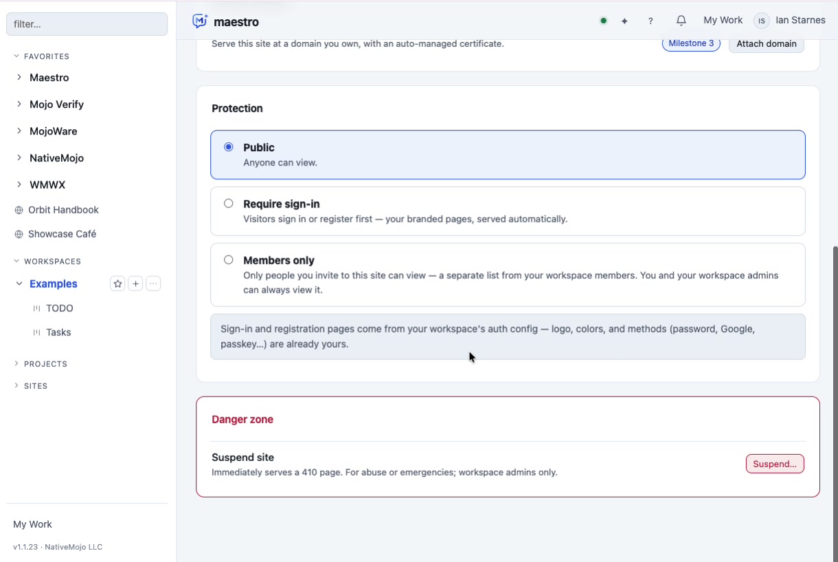A site's protection settings offering three options: public, require sign-in, or members only — with a note that the sign-in pages come from the organization's own auth configuration.